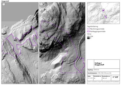Et kart som viser et skuggereleiff (topografisk relief) med overlagte arealer for kartlegging og påvirkning.