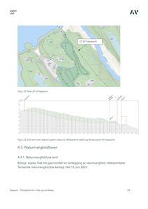 Bildet viser en situasjonsplan (Figur 22) som illustrerer topografi, vannveier og plassering av en 22 kV høyspentlinje i et landskap.