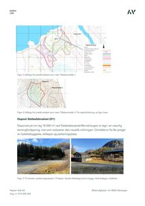 Bildet viser en side fra en rapport som inneholder to kart (Figur 3 og 4) som er utklipp fra arealbrukskart, samt to fotografier (Figur 5) som viser parkeringsplassen og bygninger i området.