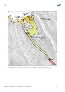 Kart over et område med topografiske linjer og merking av naturtypelokaliteter (Na1-Na6).