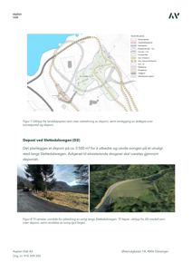 Bildet viser en situasjonsplan (asplan) for et deponi ved Slettedalsvegen. Det inneholder en tegning med topografi, vegnett og en 3D-rendering av det planlagte deponiet.