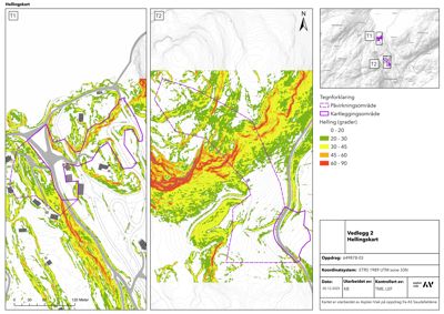Hellingskart som viser terrengform, helling (fargekodet), og kartleggingsområder (T1, T2) med påvirkningsområder.