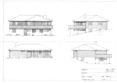 Fasadetegning som viser bygningens utsyn fra fire ulike vinkler (for, bak, venstre og høyre side).