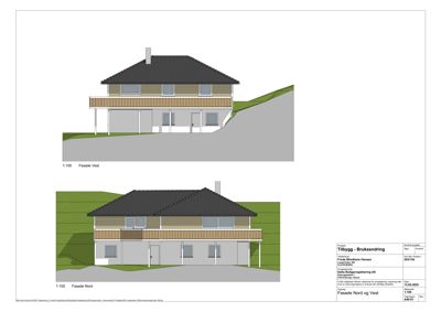 Fasadetegning som viser bygningens utseende fra nord og vest.