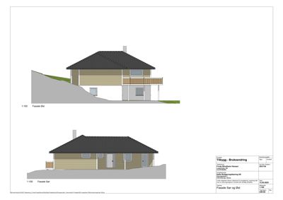 Fasadetegning som viser bygningens utseende fra øst og sør-øst.