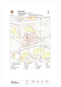 Basiskart (situasjonsplan) som viser eiendomsgrenser, bygninger, vegnett og topografi for et område i Bergen kommune.