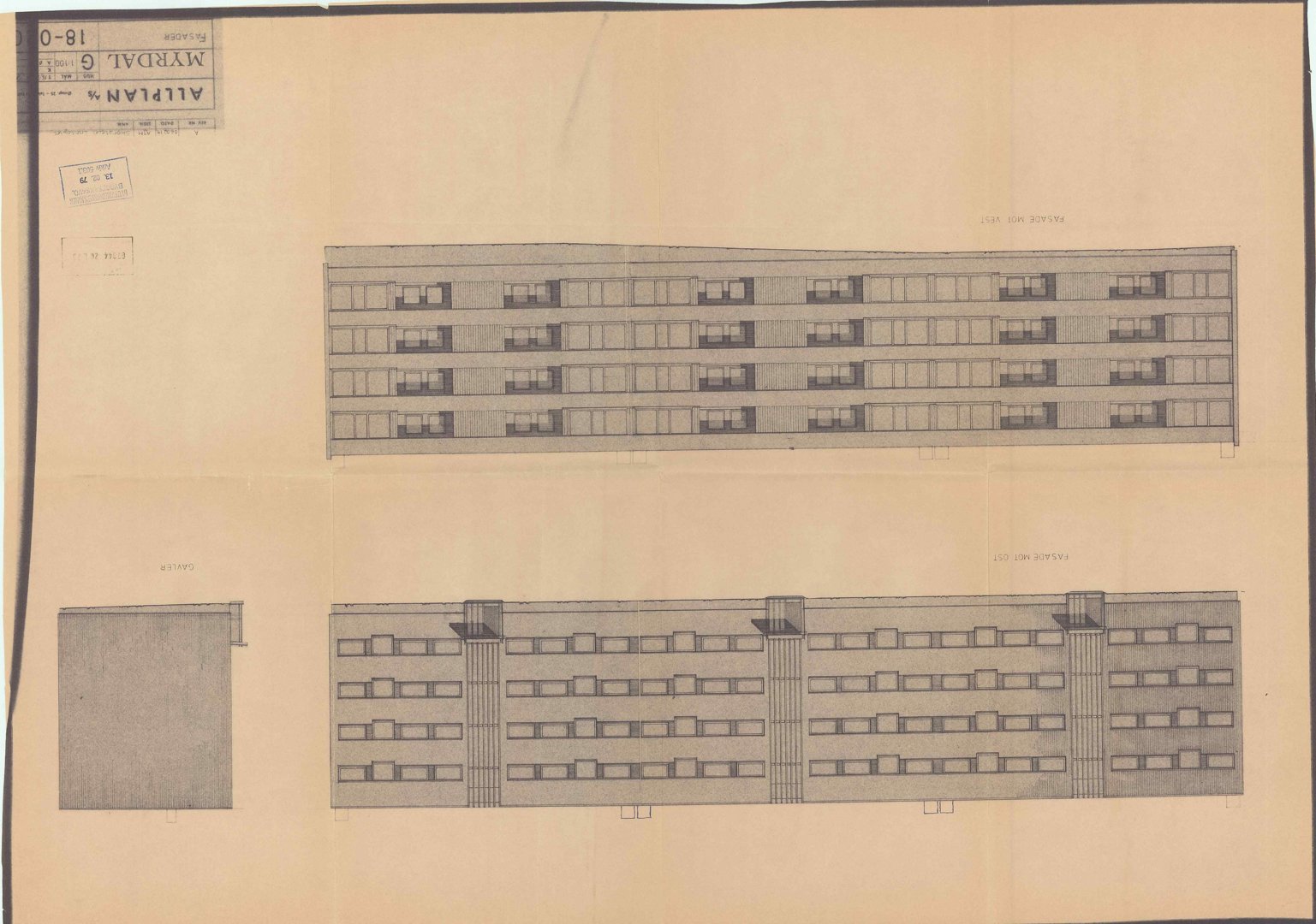 Fasadetegning som viser bygningens utsyn mot vest og øst, samt en detaljtegning av en gavl.