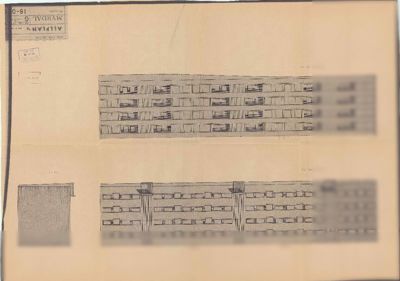 Fasadetegning som viser bygningens utsyn mot vest og øst, samt en detaljtegning av en gavl.