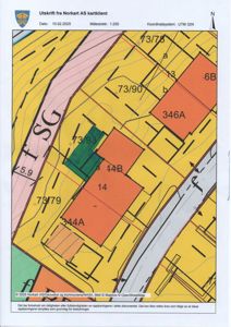 Kartutsnitt (situasjonskart) som viser eiendomsgrenser, arealer og nabolag.