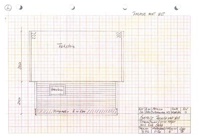En håndtegnet fasadetegning av en garasje sett fra øst, med mål og detaljer som takstein og ringmur.