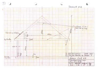 Tverrsnitt A-A av en bygning, som viser takkonstruksjon, veggtykkelse og isolasjon.