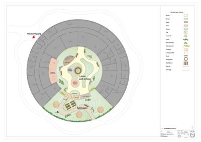 Situasjonsplan som viser en rund bygning med en sentral parkanlegg, omgitt av en parkområde med stier, planter og møteplasser.