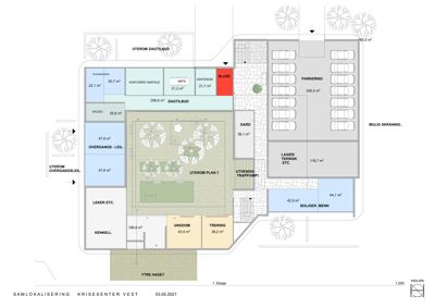 Etasjeplan (1. etasje) for et bygning som ser ut til å være et krisecenter, med romfordeling, arealer og funksjoner.