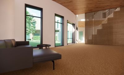 3D-visualisering av et moderne, innendørs rom med store vinduer, møbler og trepanel.