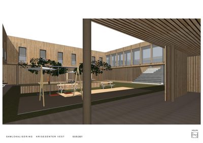 3D-visualisering av et utendørs område (kanskje en gårdsplass eller hage) med en bygning i bakgrunnen, trapper og utstyr.