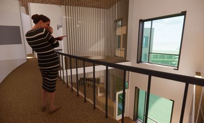 3D-visualisering av et interiør med en kvinne og barn som står på en gangvei og ser ut mot en trapp og et vindu.