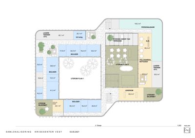 Etasjeplan (2. etasje) for et lokalisert prosjekt (Kriseenter Vest) som viser romfordeling, arealer og funksjoner.