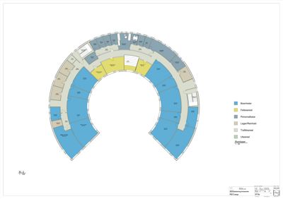 Etasjeplan (Etasje 2) som viser romfordeling og funksjonsområder i en bygning, med fargekoding for boenheter, fellesareal, personbase, etc.