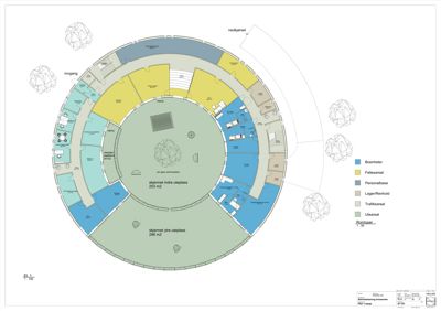 Etasjeplan for et rundt bygg med romfordeling, arealoppdelinger og en nøkkelforklaring.