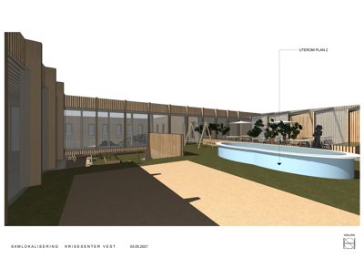 3D-visualisering av et uterom (plan 2) med bygning, utemøbler og vegetasjon.
