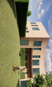 3D-visualisering av en moderne bygning med trefasade, sett fra hagen med en familie i forgrunnen.