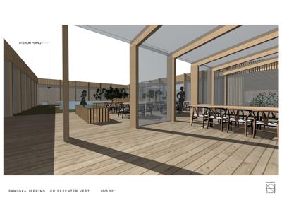 3D-visualisering av et uterom (Plan 2) med møblering og innendørs/utenomskillelse