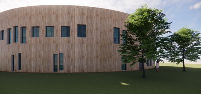 3D-visualisering av en moderne bygning med rundet fasade i trepanel og store vinduer, sett fra utsiden med trær og grønt i forgrunnen.