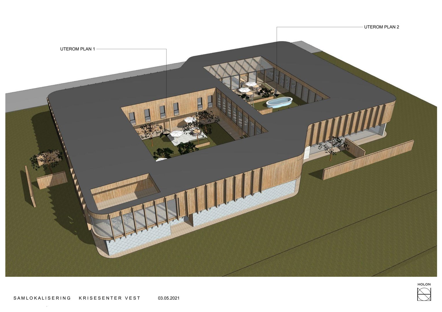 3D-visualisering (rendering) av et bygningsskisse som viser fasade, takform og utendørsområder.