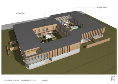 3D-visualisering (rendering) av et bygningsskisse som viser fasade, takform og utendørsområder.