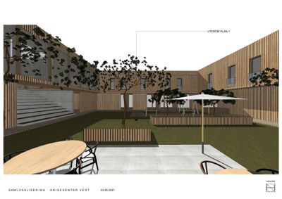 3D-visualisering av et uterom (terrasse) med møbler, planter og omgivende fasader.