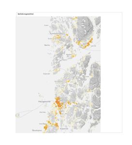 Kart over befolkningstetthet i Rogaland med stednavn som Haugesund, Stavanger og Flekkefjord.