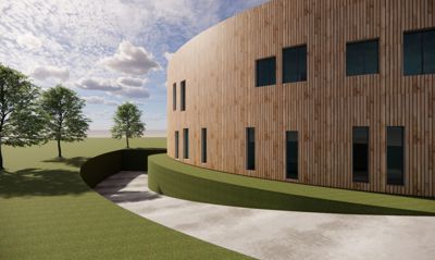 3D-visualisering av en bygning med trepanelfasade sett fra siden.