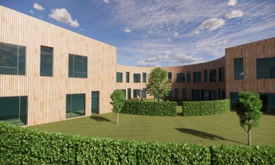 3D-visualisering av en moderne bygning med trepanel og store vinduer, sett fra et høyde som viser både fasade og omgivelser.