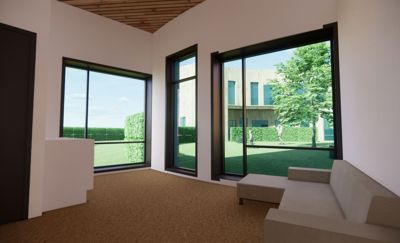 3D-visualisering av et interiør (stue) med store vinduer, møbler og utsikt over en hage.