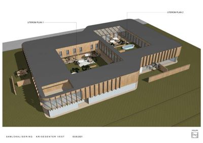 3D-visualisering (rendering) av et bygningsskisse som viser fasade, takform og utendørsområder.