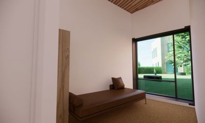 3D-visualisering av et interiørrom med en sofa, store vinduer og utsikt over en hage.