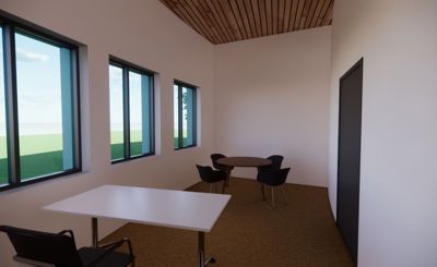 3D-visualisering av et møterom med to bord, stoler, vinduer og et trepanel tak.