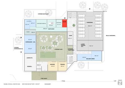 Etasjeplan (1. etasje) for et bygning som ser ut til å være et krisecenter, med romfordeling, arealer og funksjoner.