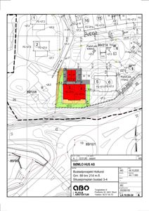 Situasjonsplan for bustadprosjektet Hollund som viser tomtene, høydemålerlinjer og naboeiendommer.