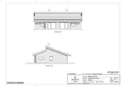 Fasadetegning som viser bygningens utseende fra to sider (mot sør og mot øst).