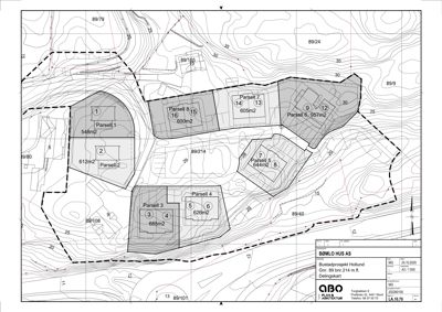 Delingskart som viser tomtedeling med parselnummer, arealer og høydekurver.