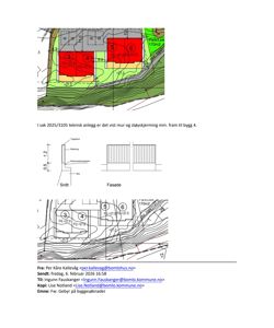 Tegning som viser detaljert oppriss av en mur og støyskjerming, inkludert snitt og fasadevisning.