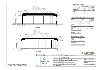 Tegning som viser tverrsnitt (Snitt A-A og Snitt B-B) av en bolig, inkludert mål på høyder og konstruksjoner.