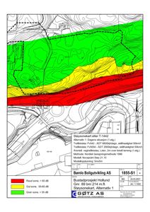 Støysonetekning (situasjonsplan) som viser støysoner (raud, gul, grønn) i forhold til vegtrafikk og terrenget.