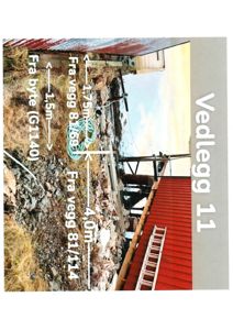 Fotografi av en bygning (rødt tak) og et terreng med overlagte måleindikatorer (1,75m, 4,0m, 1,5m) og referanser til vegger (81/69, 81/114) og bytte (G1140).