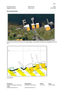 Bildet viser en situasjonsplan for en byggesak i Averøy kommune. Den øverste delen er et kartutsnitt med flyfoto som viser eiendomsgrunnlinjer og bygninger, mens den nedre delen er en teknisk tegning med detaljerte grenser og arealdata.