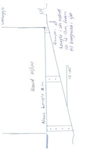 En håndskrevet tegning som viser detaljer for en naust (båtstue) med angitte mål på lengde, bredde og vinkel.