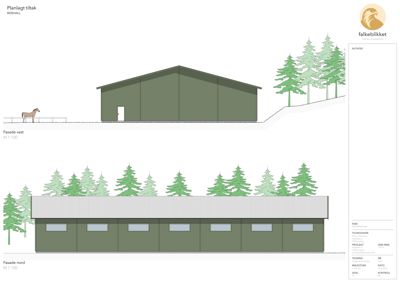 Fasadeopprikk (vest og nord) av en planlagt ridehall med omgivende terreng og vegetasjon.