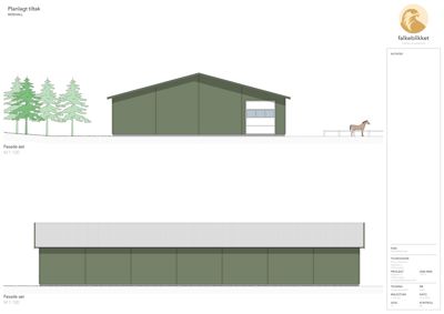 Fasadetegning som viser bygningens utseende fra øst og sør.