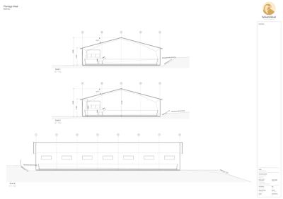 Snittegning (Snitt 1, Snitt 2 og Snitt A) som viser tverrsnittet av en bygning med høydeangivelser og konstruksjonsdetaljer.